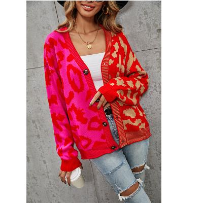 China 2021 winter breathable patchwork button knit wear leopard color women sweater cardigan for sale