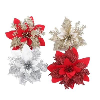 China Christmas Flower Craft Christmas Wreath Decor 14cm Artificial Flowers Glitter Poinsettia For Christmas Tree Ornaments for sale