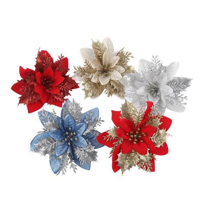 China Glitter Cheap Wholesale Artificial Christmas Tree Ornament Glitter Poinsettia Flower Heads Flowers With Clips for sale