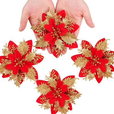 China Red Glitter Gold Poinsettia Flower Christmas Tree Ornament Staples Stems Artificial Flowers for sale