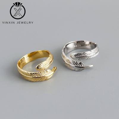 China YiXin's Elegant Gold Ring Unisex Vintage Fashion Jewelry S925 Sterling Silver Ring Feather Open for sale