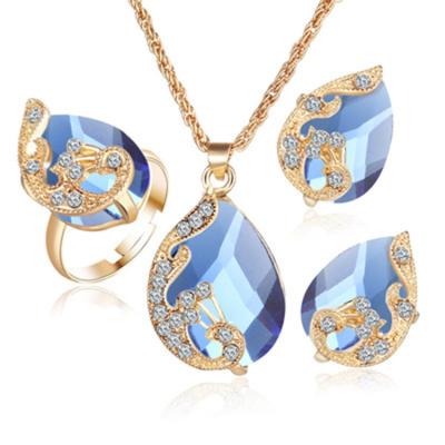 China Wholesale Hyperbole YiXinJewelry Real Gold Plated Drop Austrian Crystal Peacock Water Necklace Earrings Three Piece Set Ring Set for sale