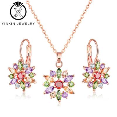 China YiXin Bridal Fashion Jewelry Set Crystal Zircon Pendant Flower Shape Necklace Earring TRENDY Colorful Two Piece Set for sale