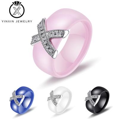 China Fashion CLASSIC Black And White Ceramic Ring Microset Zircon 8MM Ring X Ring Couples Jewelry Wholesale YiXin Jewelry for sale