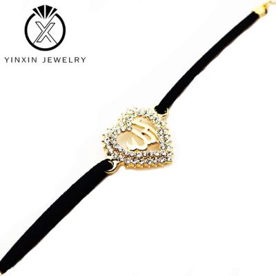 China YiXin Double Layer 14K Diamond Peach Heart Brass Gold Plated Jewelry Arabic Black Rope Bracelet Elegant Black Ladies Party Fashion Jewelry for sale