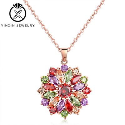 China YiXin Jewelry FASHIONABLE Colorful Zircon Pendant Copper Gold Plated Flower Shaped Diamond Necklace Rose Gold Sweater Chain Wholesale for sale