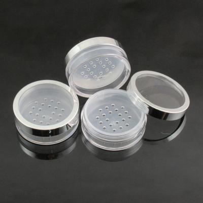 China JIE MEI Stock High Quality 8ML Cosmetic Empty Powder Plastic Loose Jar With Sieve Round Loose Powder Container With Silver Rim Window for sale