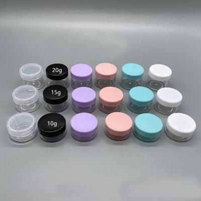 China JIE MEI Stock Hot Sale Cosmetic Jar 10g 15g 20g Clear Black Purple Pink White Black Cap Empty Face Cream Container Lip Scrub Jar for sale