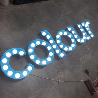 China Outdoor Waterproof Buildings Tiffany Blue Color Metal Bulb Sign For Wedding Decoration for sale