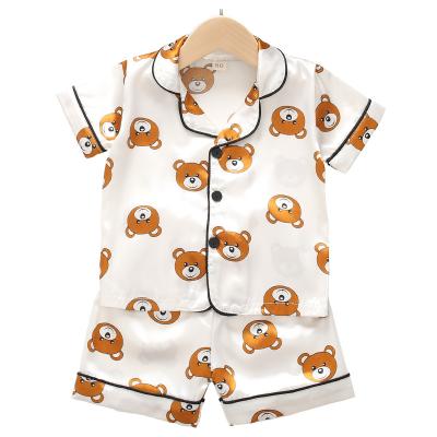 China Breathable silk pajamas boys children short sleeve summer bear cartoon printed pajamas baby home suit summer suit for sale