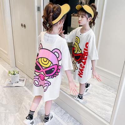 China 2021 Summer New Korean Girls' Long T-shirt Girls' Middle Loose QUICK-DRY Cartoon Sleeve Middle School Short Skirt for sale