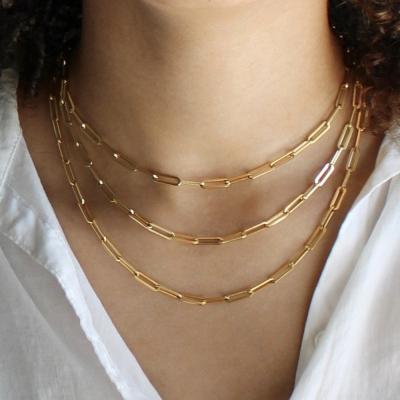 China Custom Hiphop 2022 Women's 14K Gold Filled Paper Clip Chain Necklace Stainless Steel Rectangle Link Long Choker Necklace for sale