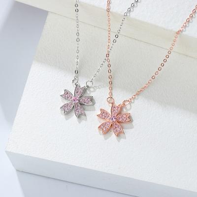 China New 925 Sterling Silver Full Diamond Cherry Blossom Pink Necklace INSTAGRAM Style Clavicle Chain Punk for sale