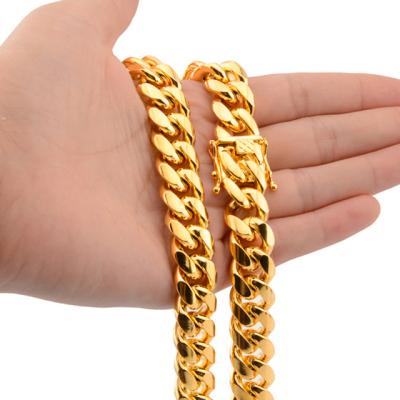 China Luxury Miami Cuban Link Chain14K 18K Gold High Quality Plated Heavy Stainless Steel Necklace For Men Hip Hop Jewelry for sale