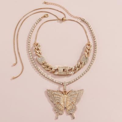 China Hiphop Women Fashion Necklace Set Butterfly Pendant Necklace Double Layer Rhinestone Cuban Necklace for sale