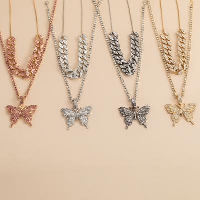 China Hiphop Fashion Hiphop Style Rhinestone Cuban Butterfly Necklace Double Layer Necklace Choker Pendant Set for sale