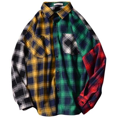 China Plaid Casual Breathable Patchwork Loose Pocket Turn Down Collar Long Sleeve Men's Shirts for sale