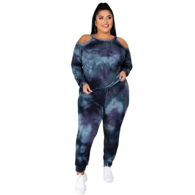 China Fashion Anti Wrinkle Anti Wrinkle Off Shoulder Round Neck Plus Size Women Clothing Tie Dye Sports Ladies Casual Pants Two Piece Set for sale