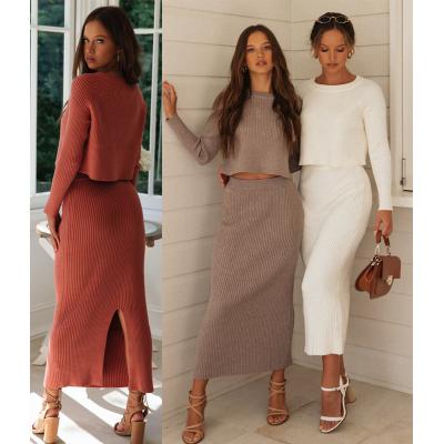 China Lady's Breathable Split Skirt Breathable Solid Crewneck Knit Sets Office Sweater Women Long 2 Piece Outfits for sale