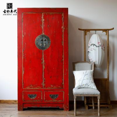 China Assembled Chinese Wood Bedroom Retro Distressed Vintage Paint Old Chinese Spacious Chinese Antique Wardrobe Two Door Wardrobes for sale