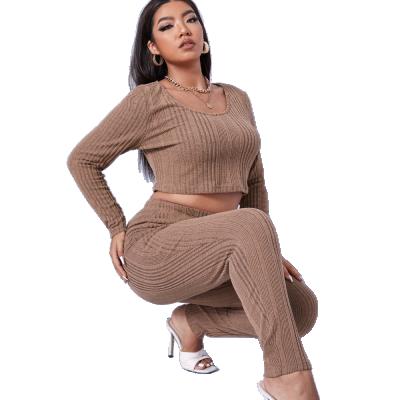 China Street Anti-Pilling Round Neck Casual Style Long Sleeve Ruffle Solid Elastic Knit Two Piece Set for sale