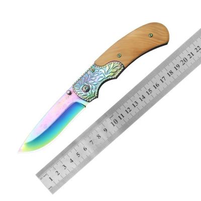 China Non-variable Wooden Handle Rainbow Titanized Coating Outdoor EDC Survival Increasing Camping Bushcraft Folding Knife for sale