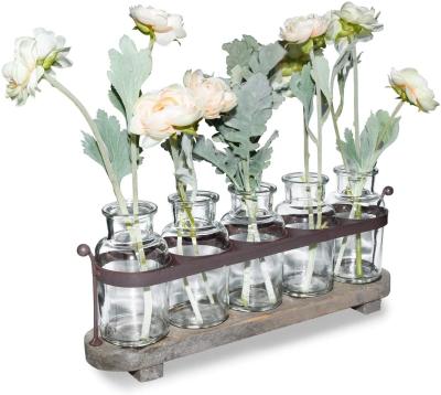 China Luckywind Eco-Friendly Rustic Glass Bottles 5 Flower Bud Vase Set With Metal Wood Tray for sale