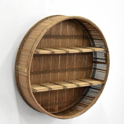 China Storage Luckywind Natural Woven Rattan Wall Shelf Bamboo Rack, Round Bamboo Wall Shelf With Braiding for sale