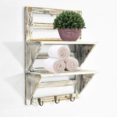 China Rustic Luckywind 2-Tier Bathroom Shelf Storage Above Toilet Wood Wall Mounted Shelves With Hooks for sale