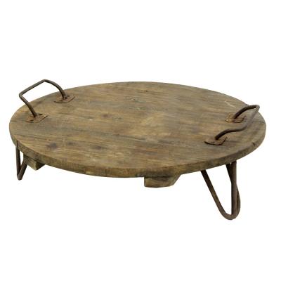 China French Country Luckywind Farmhouse Decor Upcycle Recycled Wood Round Serving Tray With Iron Handles for sale