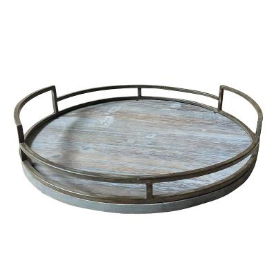 China Sustainable Rustic Farmhouse Kitchen from Luckywind Round Metal Framed Wood Tray for sale