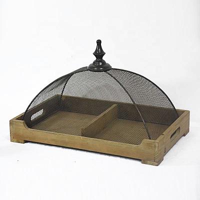 China Luckyiwnd Old Beautiful Viable Farmhouse Storage French Antique Wooden Tray With Mesh Dome for sale