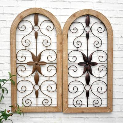 China WALL DECOR Luckywind Rustic Farmhouse Brown Frame Window Wall Wood Finish Plaque Arch Wall Wood and Metal Decor for sale