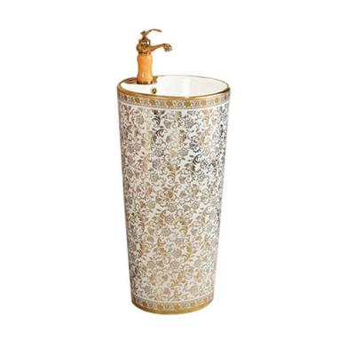 China Factory Price Modern Ceramic Pedestal Wash Basin Gold Art Basin For Bathroom for sale