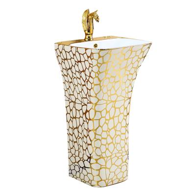 China Art Nouveau Design Scratch Proof Modern Ceramic Pedestal Washbasin Gold Basin for sale