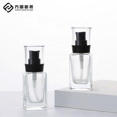 China Low MOQ Custom LOGO 30ml Eco-friendly Recyclable Clear Frosted Square Glass Bottle With Base Matte Black Makeup Liquid Pump Bottles for sale