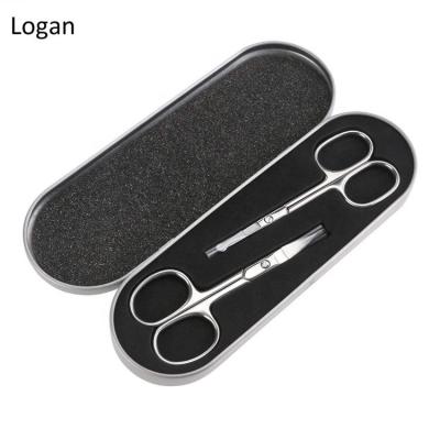 China Straight Handed Facial Hair Scissors Stainless Steel Curved And Round Scissors Set In Tin Box for sale