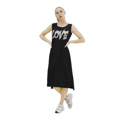 China 2021 Factory Price Solid Color Women's Letter Printing Wholesale Women's Anti-Wrinkle Casual Clothing Chiffon Sleeveless Casual Dress for sale