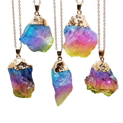 China CLASSIC Customized Stone Gemstone Necklace Quartz Pendant Jewelry Natural Raw Crystal Plated Rainbow Color Irregular Tumble for sale