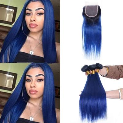 China Straight Hair 1B/Blue Curly Brazilian Human Hair Extensions 3Bundles With Lace Closure 50g/bundle for sale