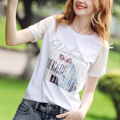 China Anti-wrinkle new custom logo cotton casual tops mesh style printed short sleeve women round neck t-shirt for sale