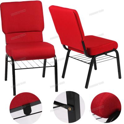 China Cheap Commercial Furniture Price Metal Frame Red Chairs Stackable Church Hall Chair With Book Holder for sale