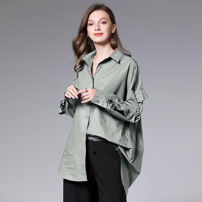 China Customized high quality sale lotus leaf sleeve solid color fashion women shirt QUICK DRY for sale