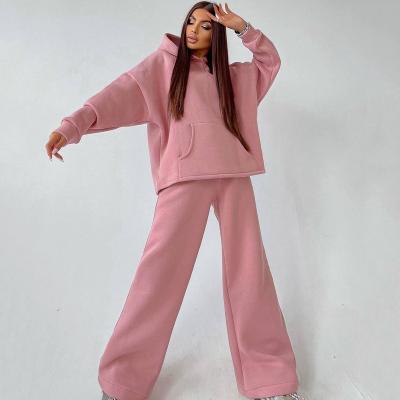 China Custom Logo Drop 2 Piece Set Breathable High Quality Jogger Wide Leg Tracksuit Plus Size Women Clothes Fleece Warm Hoodie Two Piece Set for sale