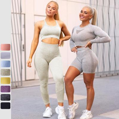 China Seamless Gaiters Latest Women's Activewear Breathable High Waisted Workout 4 Way Stretch Legging Short Top Crop Top Set for sale