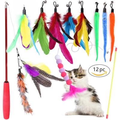 China Retractable Cat Feather Toy 12 Pcs Luxury Cat Toys Interactive Cat Teaser Toy Set for sale