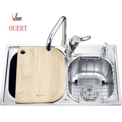 China With faucet 2017 OUERT stainless steel hand wash double bowl topmount kitchen sink for sale