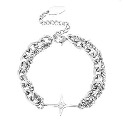 China 18cm Punk Charm Jewelry Double Chain Stainless Steel Star Zircon Cross Bracelets for sale