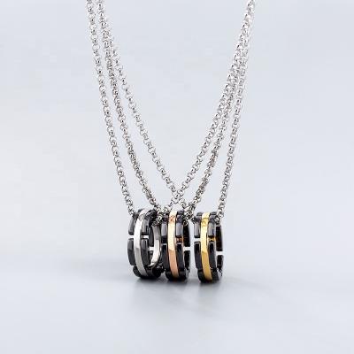 China Hiphop Stainless Steel Necklace 18K Plated Rose Gold Couples Black Ceramic Ring Pendant 60cm for sale