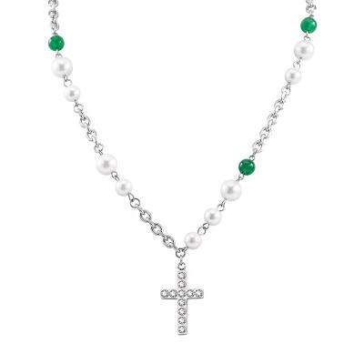 China Stainless Steel Green Zircon Necklace 304L Creative Trend White Splicing Beads Cross Pendant for sale